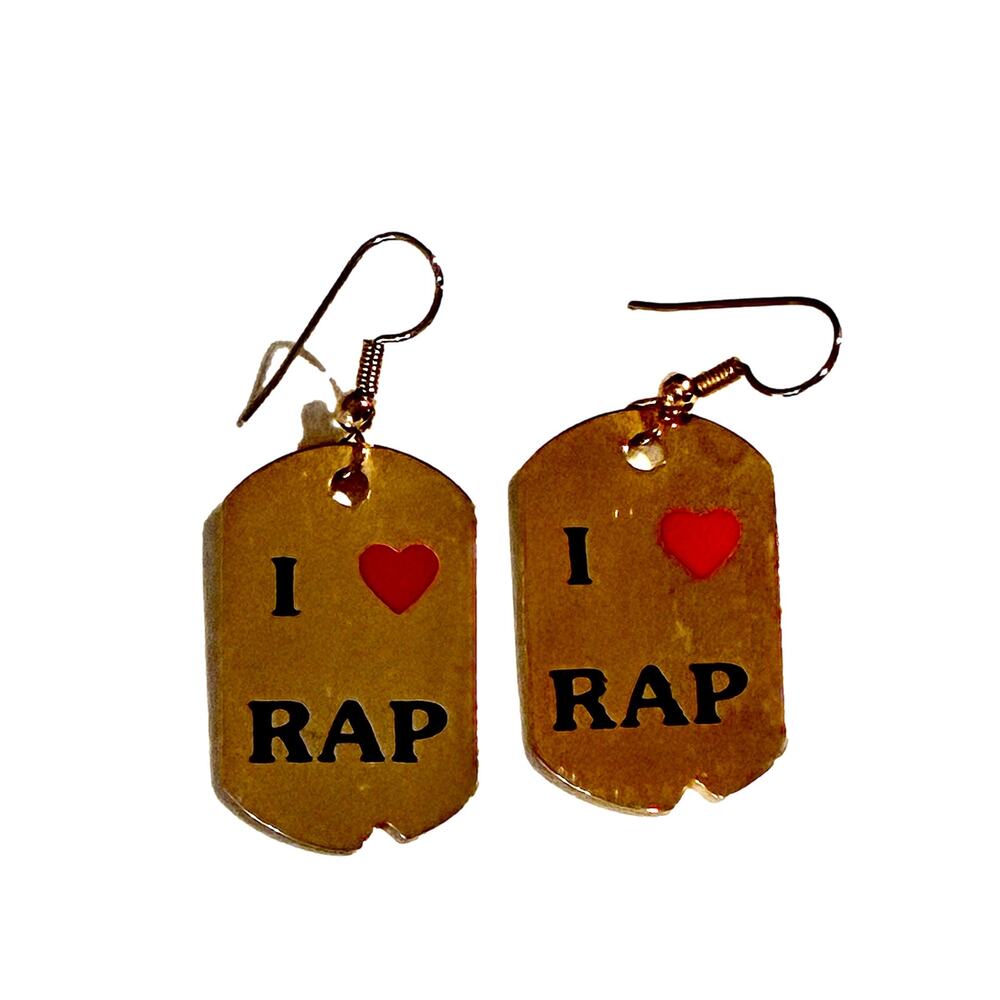 Vintage 90s Razor Blade I Love Rap Earrings Gold Tone Hip Hop Statement